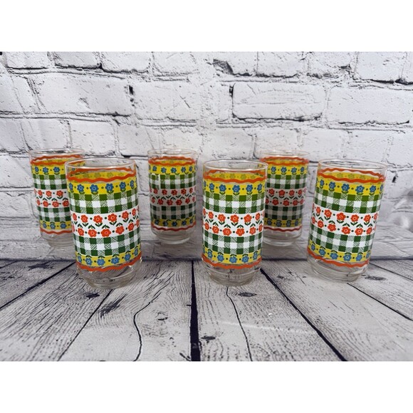Libbey Other - Six (6) Libbey Gingham And Floral Motif Glass Tumblers